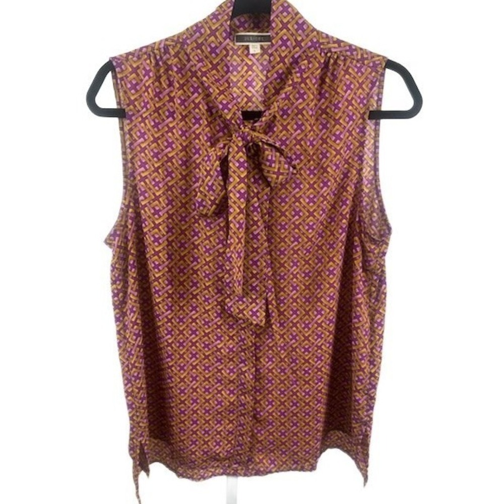 Pleione‎ Women's Size Large Purple Geometric Sleeveless Tie Bow Neck Blouse Top